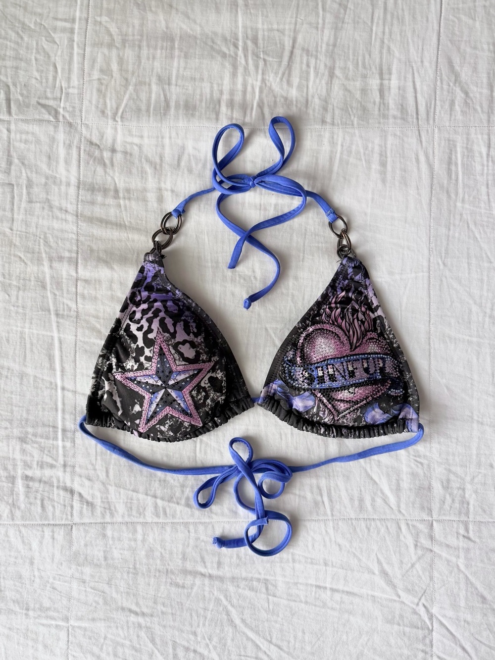 Sinful Affliction “Love Pride” Purple Leopard Print Rhinestone Bikini Top Size M